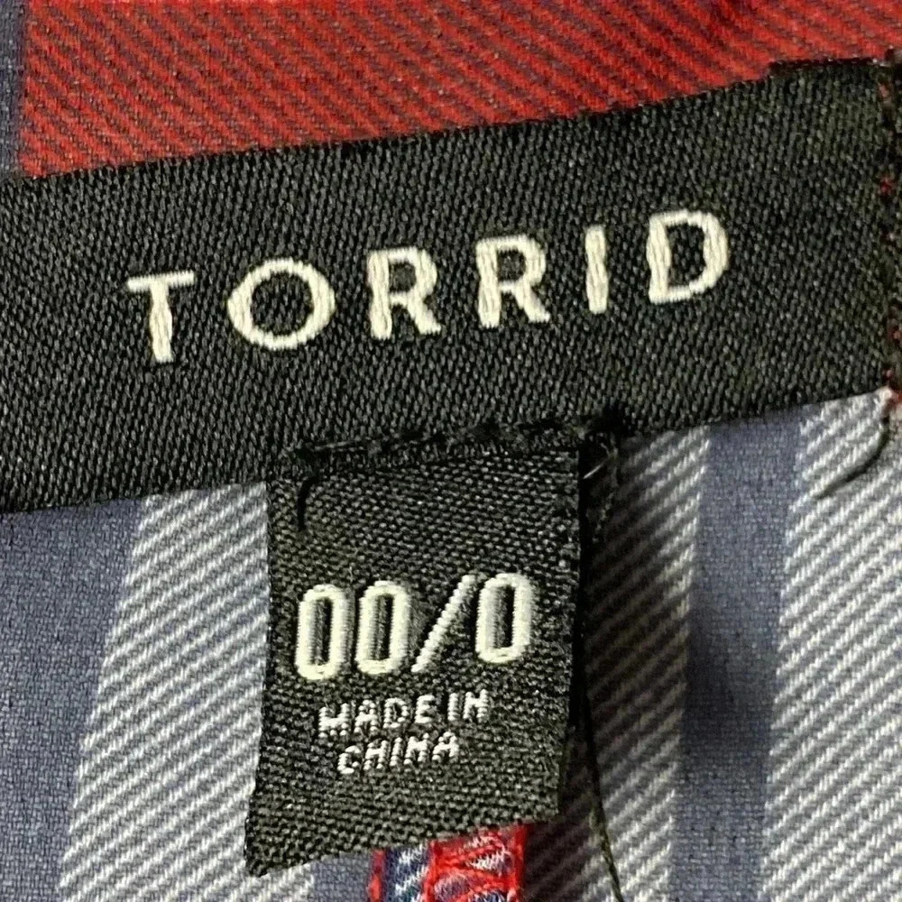 TORRID WO‎ SIZE 0/00 (10/12) LONG NAVY RED PLAID. SHEER OPEN FRONT DUSTER - Picture 6 of 10